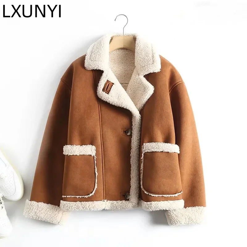 LXUNYI Shearling Jacket Women Oversized 2022 Autumn Winter New Korean Loose Design Fur Coat Thick Long Sleeve Warm Pocket Coats