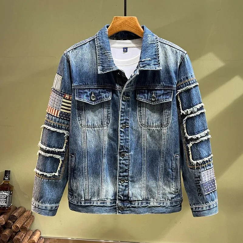 Модная мужская джинсовая куртка 2024 весна-осень американский стиль винтажная