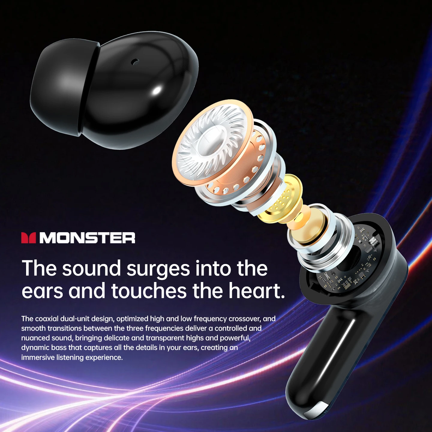 Фото Беспроводные Bluetooth 6.0 наушники Monster A03 ANC с шумоподавлением ENC, пространственным звуком, двойными динамиками, сенсорным управлением для игр и спорта №5