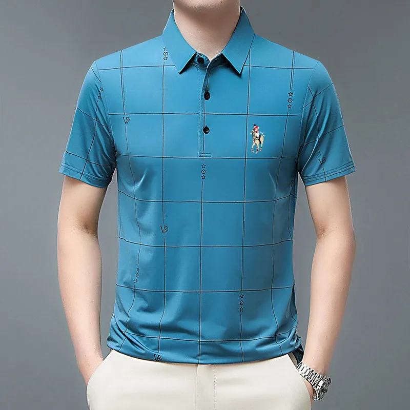 Men's summer embroidered polo shirt short sleeved casual business ice polo shirt plaid pattern T-shirt golf clothing men