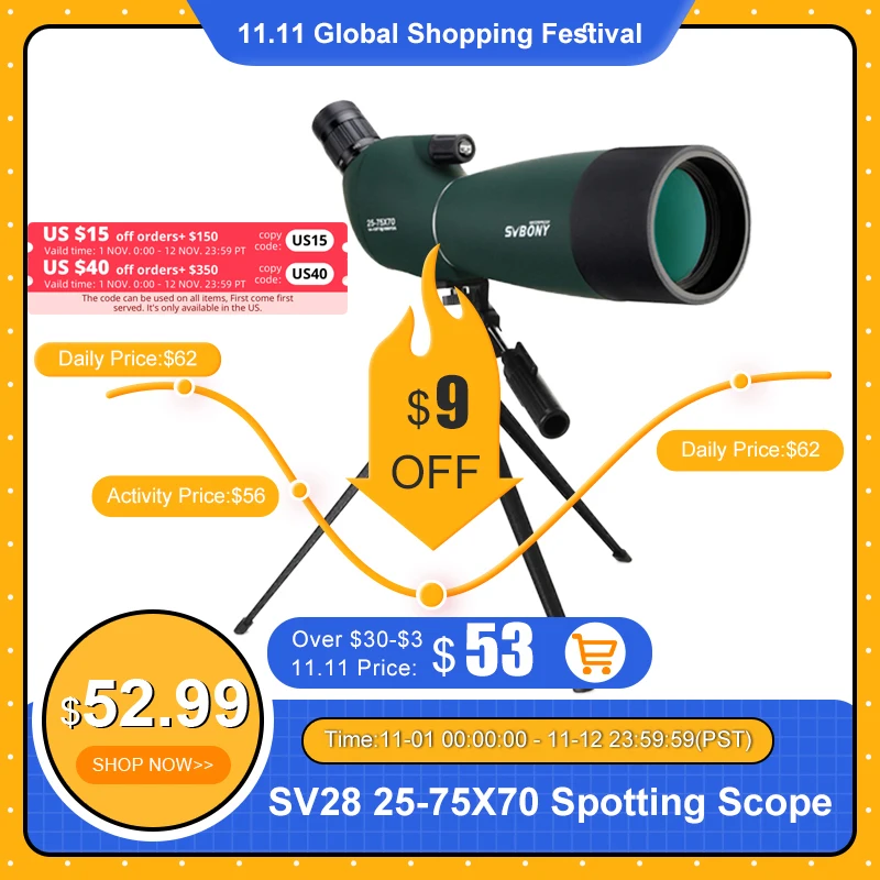  SVBONY SV28 25-75x70 подзорная труба монокуляр мощный подзорная труба Bak4-Призма FMC Водонепроницаемый с Триподом Лучший партнер для наблюдения/стрельбы из лука на 50-100 метров