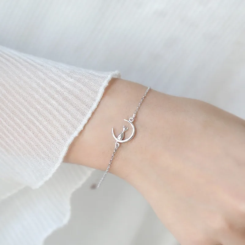 

New Fashion Handmade 925 Sterling Silver Moon Cat Charms Bracelets For Women Female Jewelry Accessories