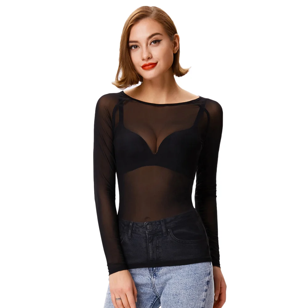 

GK T-shirt For Women Sexy Mesh See-Through Long Sleeve Scoop Neck Clubwear Tops Ultra Thin Basic Bodycon Female Tops Pullover