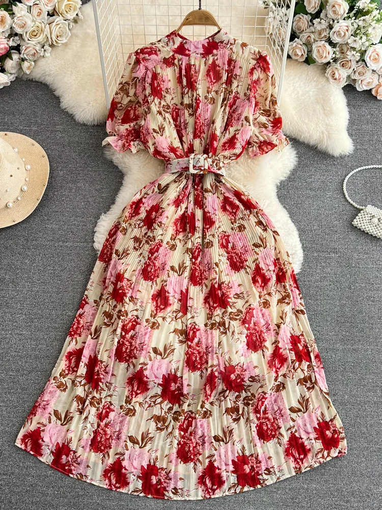 

Summer Women Floral Draped Long Dress Vintage Stand Collar Short Puff Sleeve High Waist Vacation Beach Pleated Maxi Vestido New