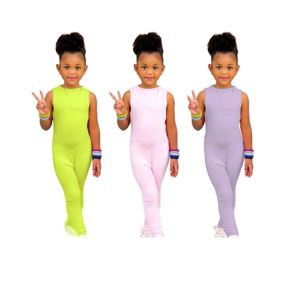 

Toddler Girls Summer Suspender Jumpsuits 1-8Y Kids Solid Sunsuits Sleeveless one-piece Candy Color Long Pants Romper Playsuit 6