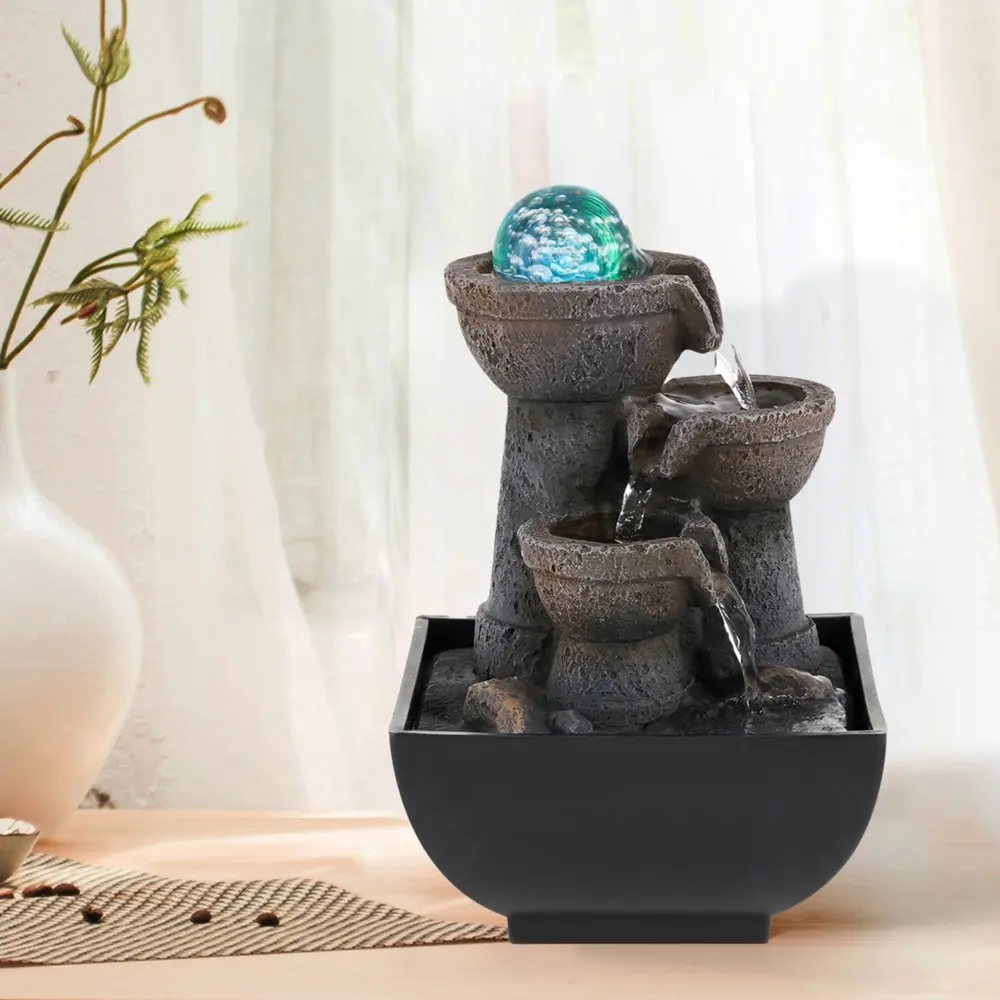 

Free Shipping 7.9"H Indoor Tabletop Fountain with Rolling Ball & LED Light, Small Resin Waterfall Fountain Decor