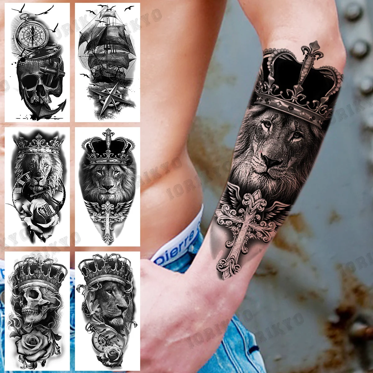

Black Lion Crown Cross Temporary Tattoos For Men Women Pirate Ship Skull Compass Anchor Fake Tattoo Body Art Waterproof Tatoos