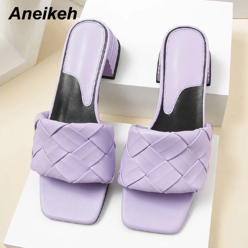 

Aneikeh Solid Square Open Toe Mid Heel Summer Outdoor Slippers Women Mule Slip-On PU Weaving Shallow Head Concise Leisure Sandal