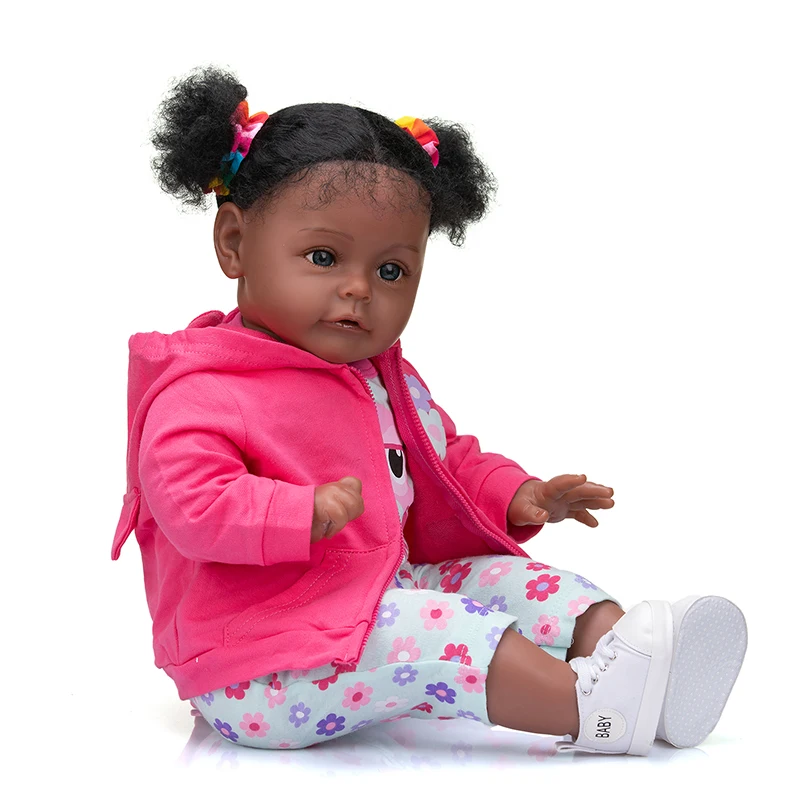 

60CM Sue-Sue Reborn Toddler Dark Skin African American Baby Girl Doll With Rooted Long Curly hair Handmade doll
