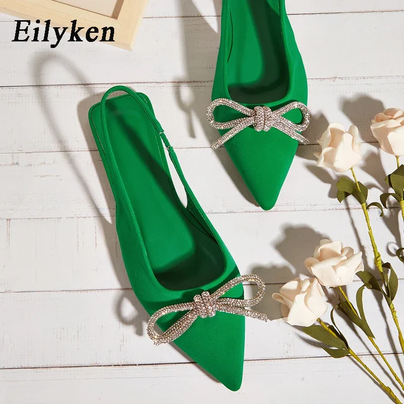

Eilyken/2024 г. Летние женские туфли-лодочки с острым носком, украшенные кристаллами и бантом модные офисные женские сандалии на плоской подошве