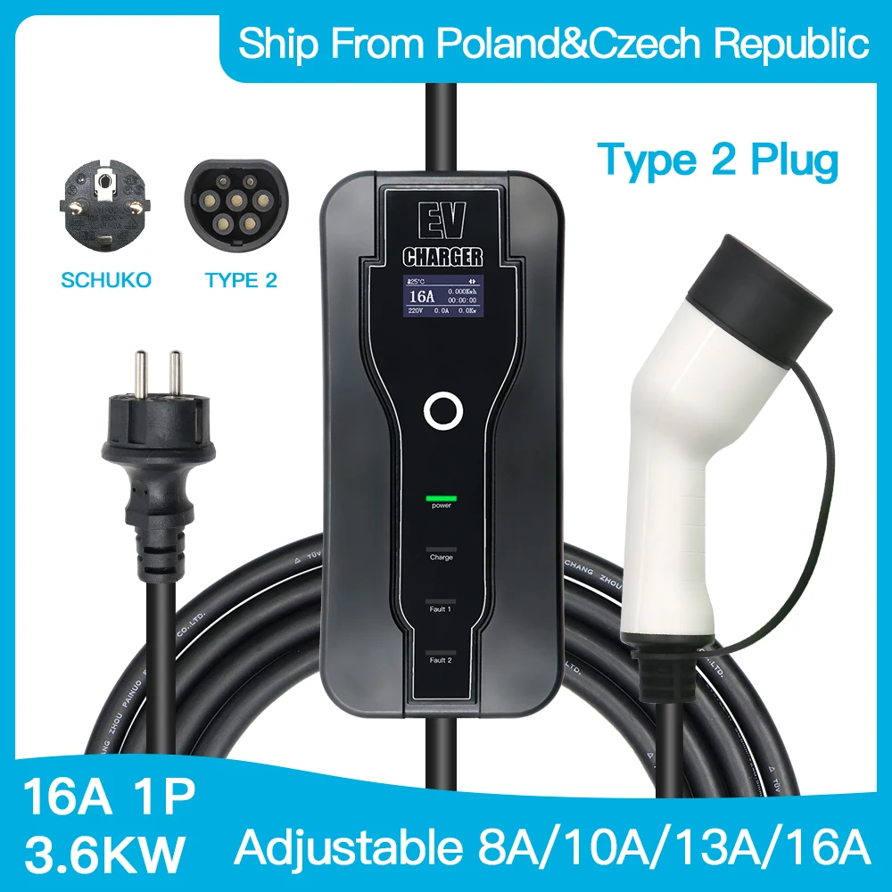 

EV Mobile Charger Wallbox Type2 16A 1P Adjustable IEC 62196-2 Portable Electric Vehicle Charging Cord 5m Schuko Plug EVSE