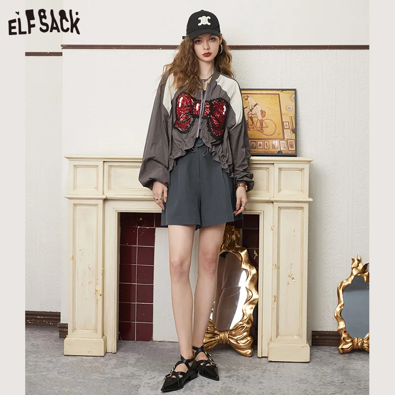ELFSACK Gray High Waist Suit Shorts Woman 2023 Spring/Summer New Casual Daily Bottoms