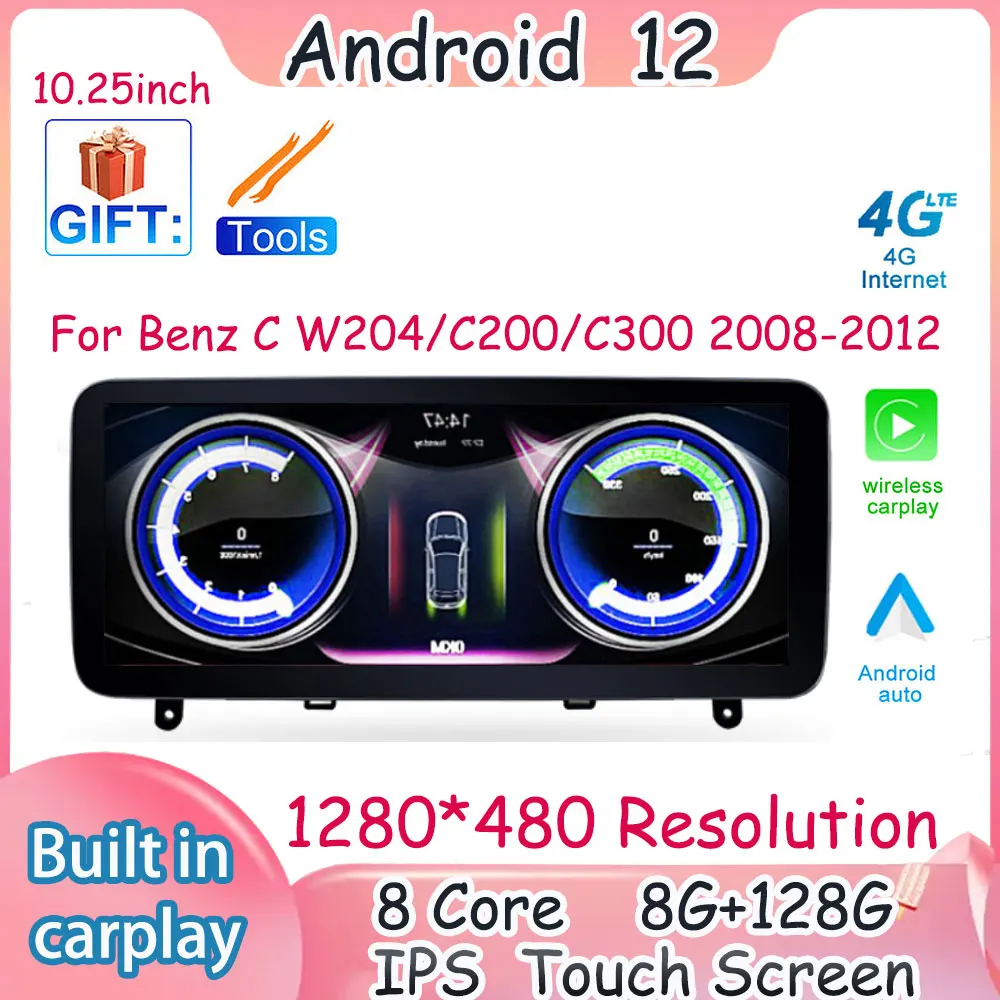 

10.25 Inch For Benz C W204 C200 C300 2008-2012 Android 12 Car Radio WIFI 4G Carplay Auto GPS Multimedia Player Audio Monitor