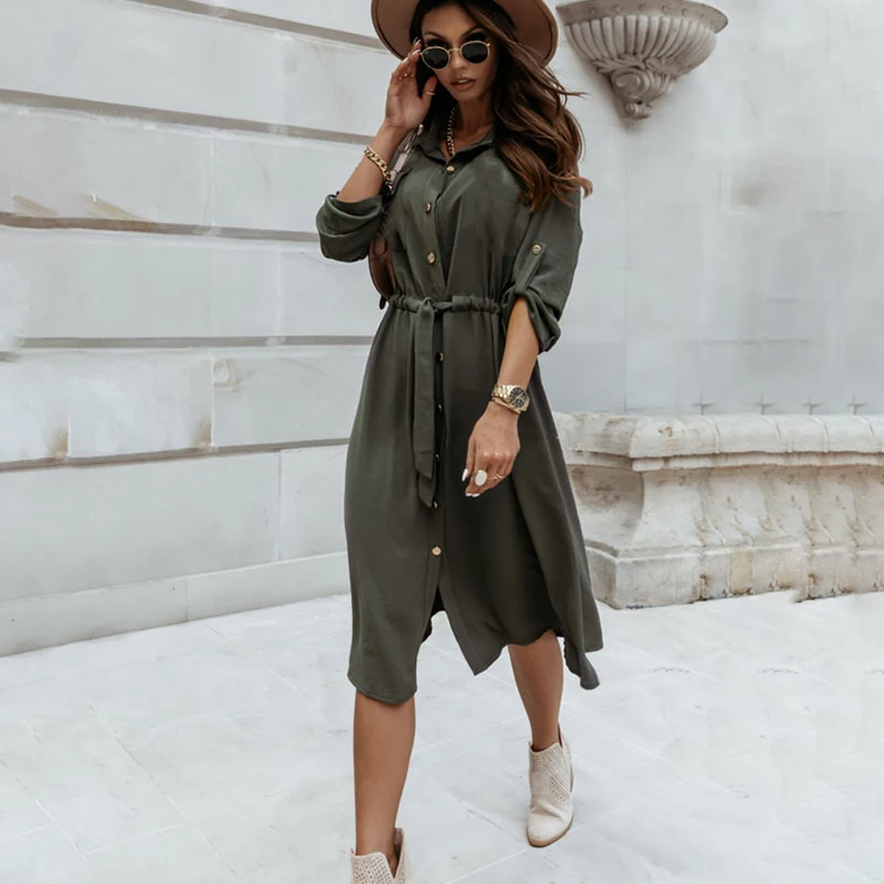 

Женское платье-рубашка с отложным воротником, однотонное Повседневное платье с рукавом три четверти