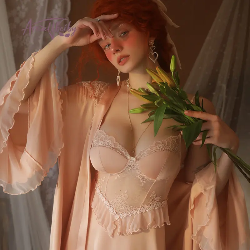 Элегантная женская ночная рубашка халат кружевная Домашняя одежда на бретельках