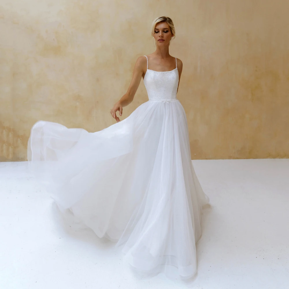 

UZN A-Line Glitter Tulle Beach Bridal Gowns Robes De Mariée Scoop Neck Spaghetti Straps Wedding Gowns Sexy Dubai Wedding Dresses