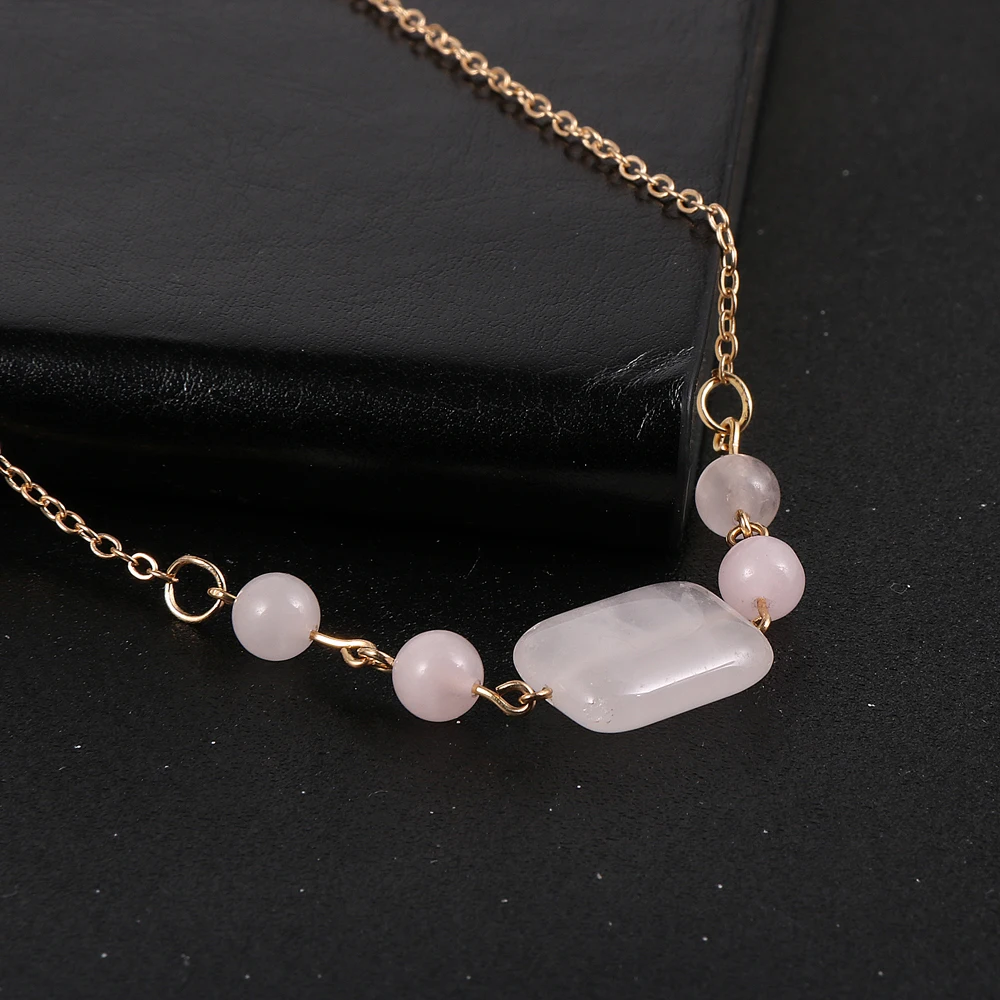 

Natural Geometric Stone Necklace For Women Aventurine Pink Crystal Gemstone Clavicle Chain Necklaces Wedding Statement Jewelry