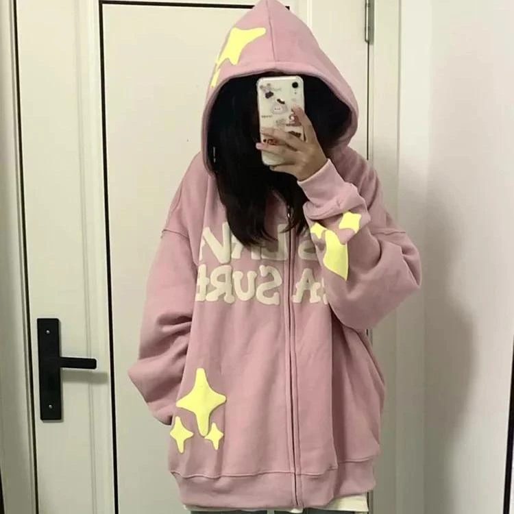 

American Sweet Cool Oversize Hoodies Minority Foam Printing Sweatshirt Women Spring Autumn Korean Style Lazy Style Hooded Jacket