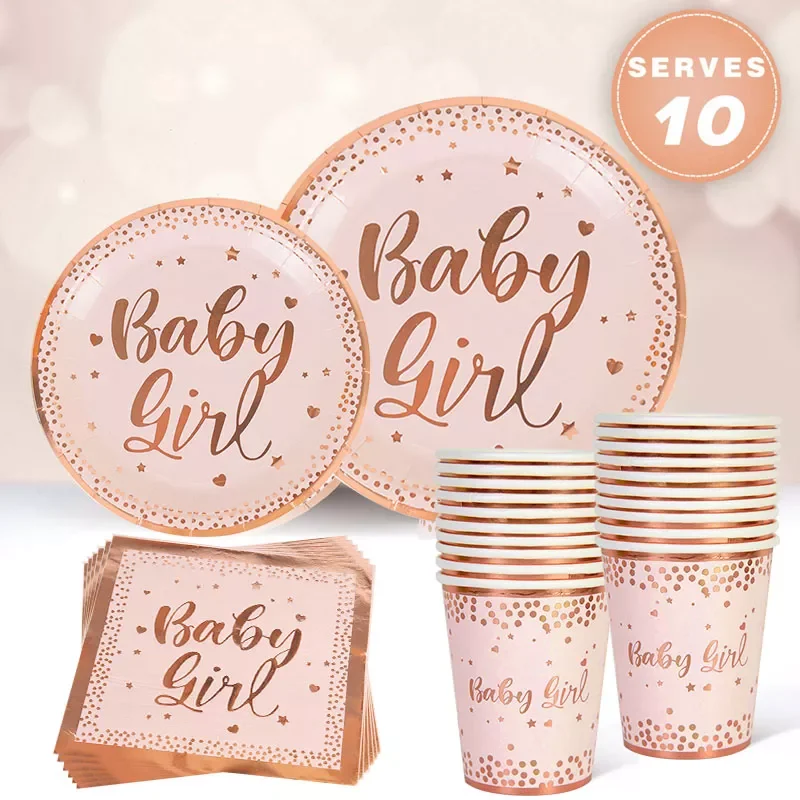 

Baby Shower Rose Gold Pink Disposable Tableware Set Paper Plate Cups Kids Girl Birthday Party Decoraton Supplies Gender Reveal