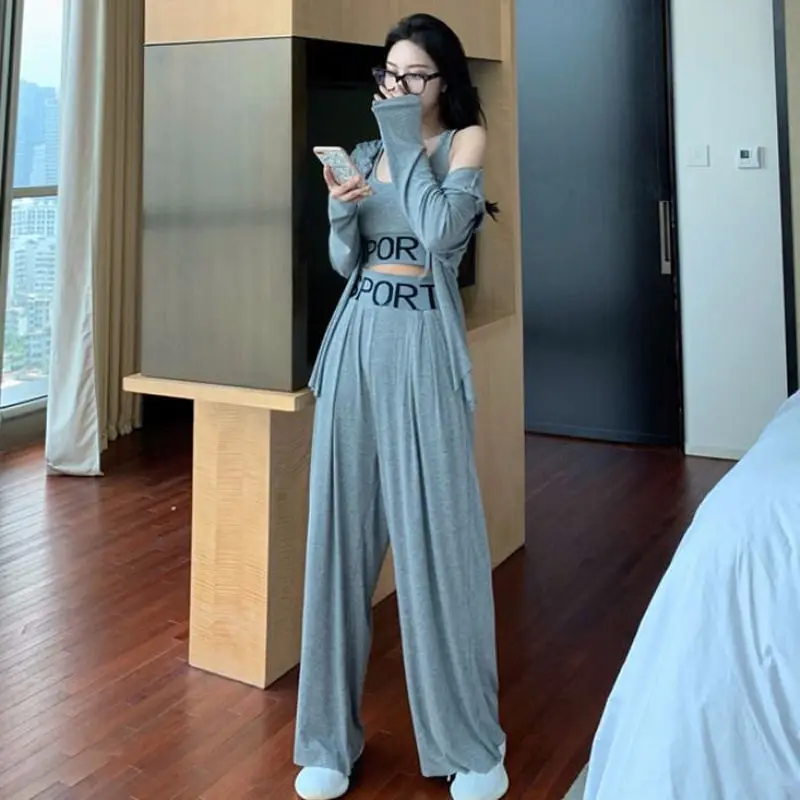 

Letter Crop Top+Coat+Pant Sets Wide Leg New 3 Piece Set for Women Korean Style Outfit Long Sleeve Tracksuit 2023 Fashion Suit