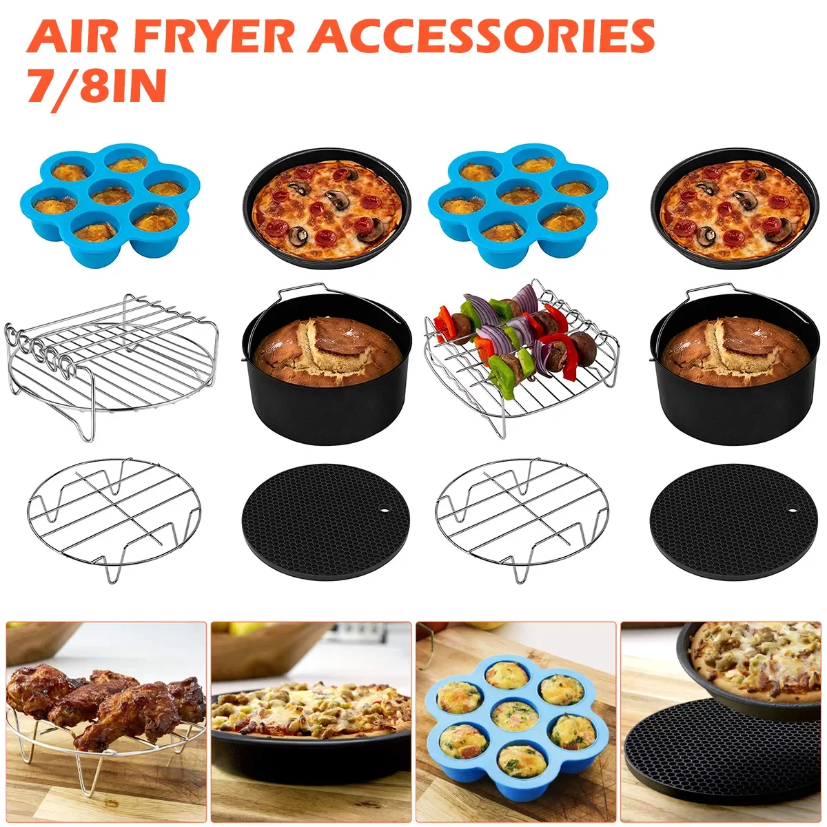 

NEW2023 Cooking Baking Set Air Fryer Accessories Double-Layer Rack with Skewers Cooking Rack Egg Bite Mold Silicone Mat Kitchen