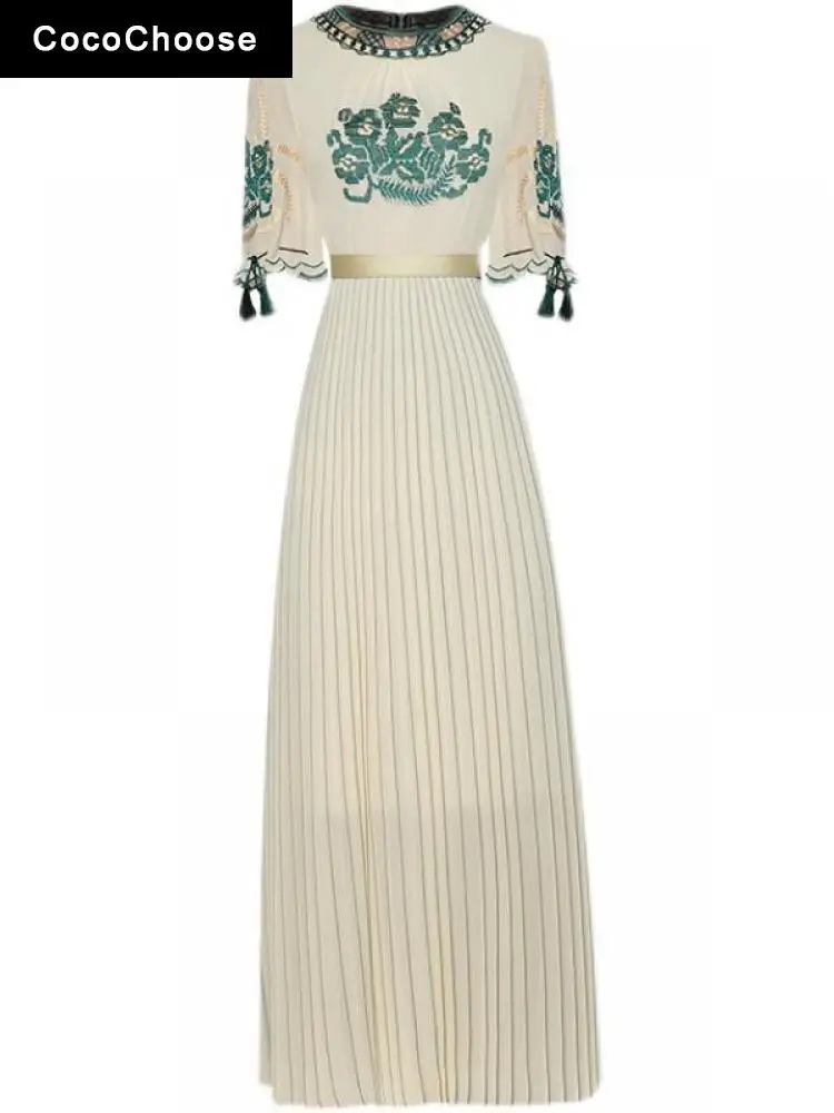 

Designer Dress Women Luxury 2022 Runway Fashion Cross Embroidery Short Sleeve Striped Pleated Maix Dresses Beach Party Vestidos