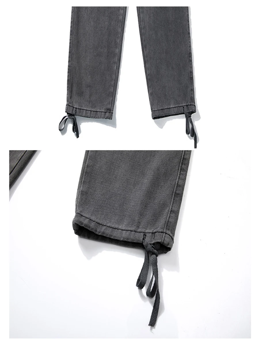 Four Seasons Men's Workwear Jeans Elastic Waist American High Street Grey Retro Wide Leg Pants Fashion Streetwear Ins Hot Sale