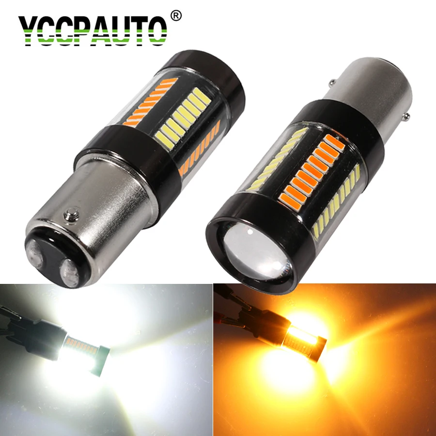 YCCPAUTO 1157 BAY15D P21/5W T25 7443 T20 LED Dual Color Bulbs White to Amber Car Signal Light Parking Lamp DRL 4014 66 SMD 2Pcs