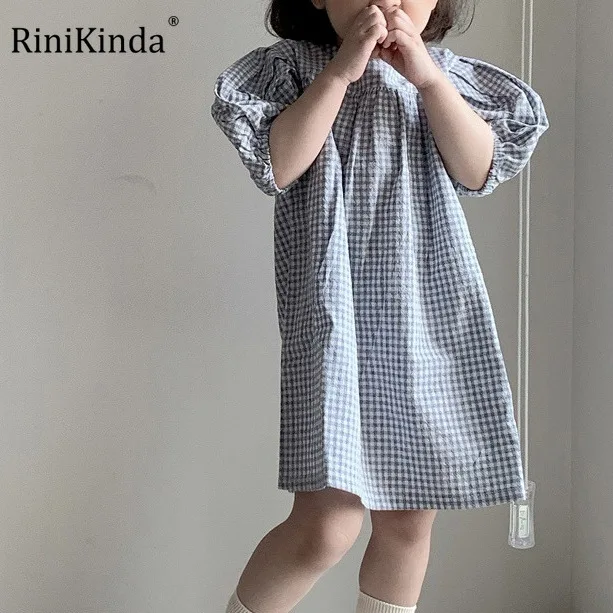 

RiniKinda Baby Girl Princess Cotton Plaid Dress Puff Sleeve Infant Toddler Girl Vintage Vestido Pastoralism Baby Clothes