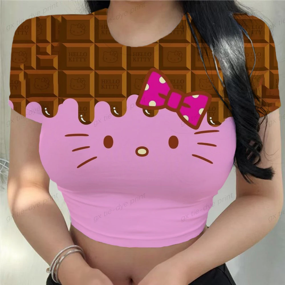 

2023 Summer Women Hello Kitty Printing Short T-Shirts Sexy Crop Tops Short Sleeve Crop Tee Tops Female Basic Shirts y2k