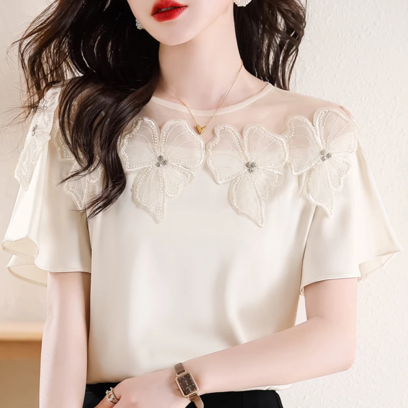 

Women Elegant Mesh Chiffon Blouse Beaded Flower Embroidery Short Sleeve Shirt Korean Fashion Round Collar Summer Clothes 26724