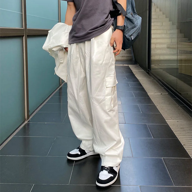 

Брюки-карго SYUHGFA мужские прямые, однотонные повседневные штаны свободного покроя с множеством карманов, в Корейском стиле, черные белые, вес...