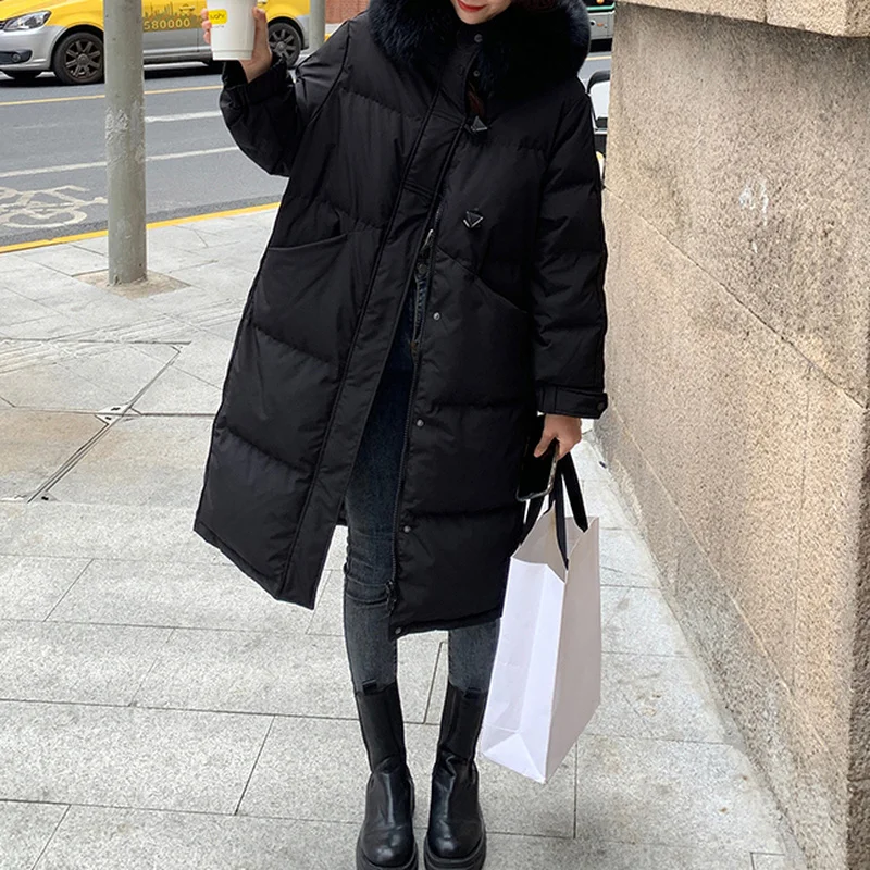 Women Button Decor Hooded Thick Zipper Coats Outerwear Fashion Winter Warm Faux Fur Collar Long Parkas Jackets for Female 2023