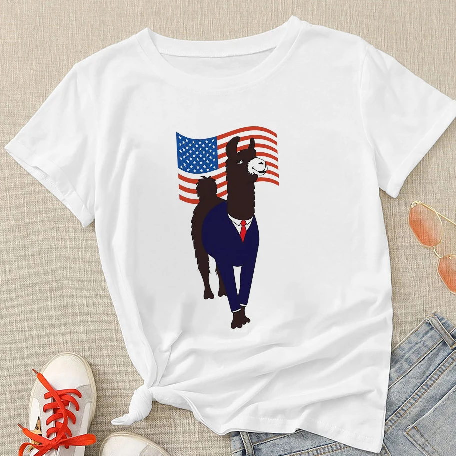

Alpaca Women T-shirts Short-sleeve White Printed T Shirts Daily Casual All-match Self-cultivation Fashion Trend Top New In Niche