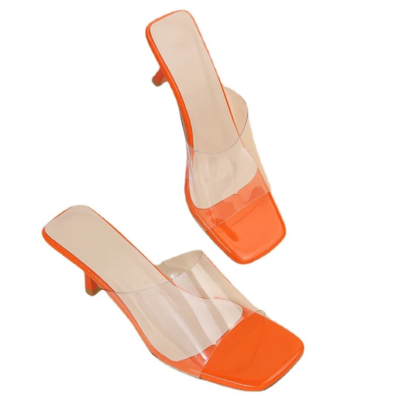 

Summer Orange Jelly High Heel Sandals Clear PVC Square Toes Thin Heel Slippers for Women Girls