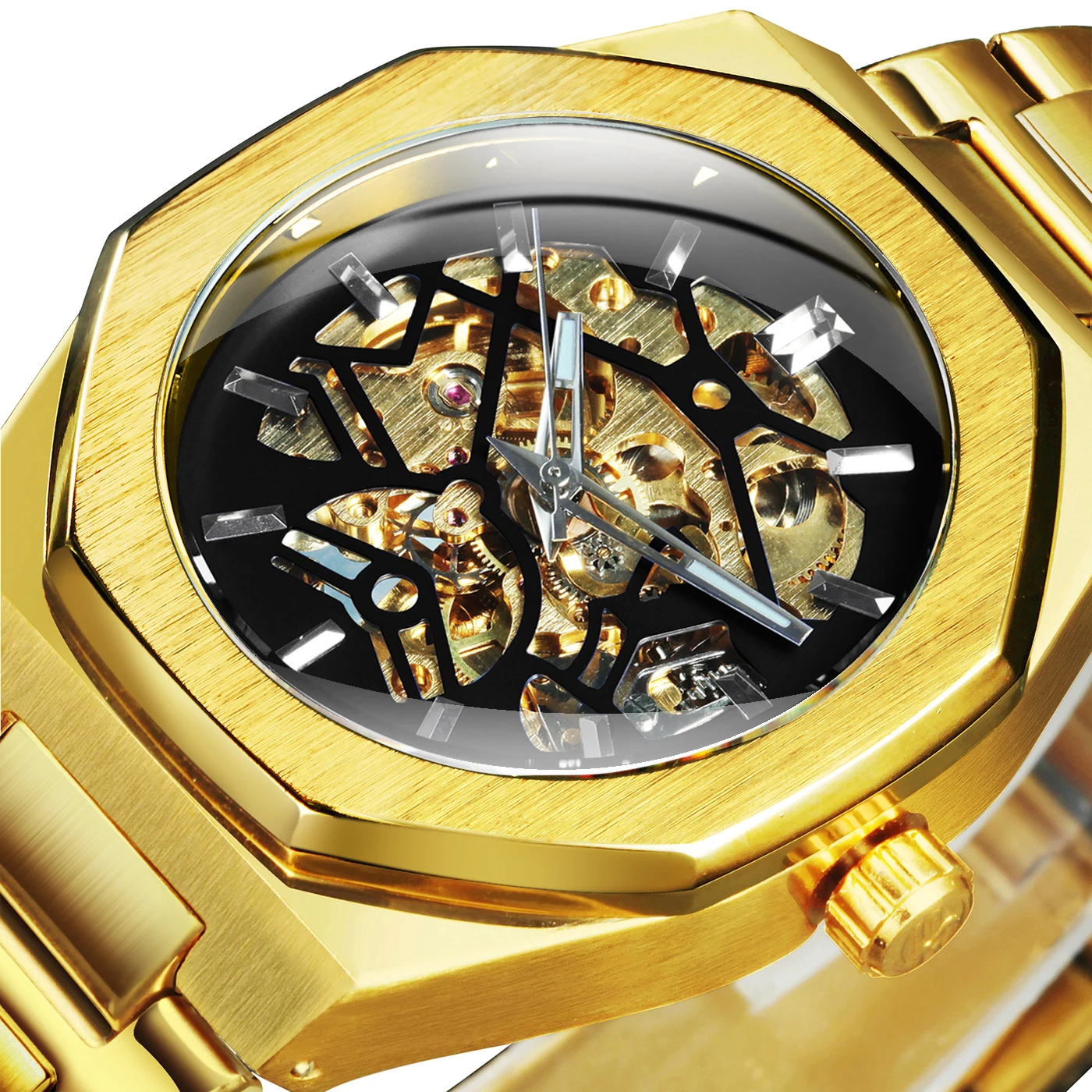 

WINNER Gold Black Skeleton Automatic Watch for Men Luminous Hands Fashion Irregular Business Mechanical Watches Steel Strap