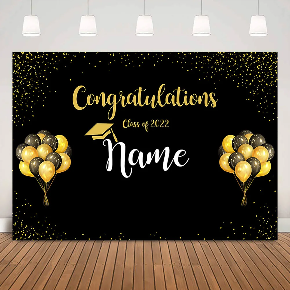 Congratulation Graduation Party Banner Background Class of 2022 Custom Name Grad Ceremony Backdrops Balloons Gold Dots Decor