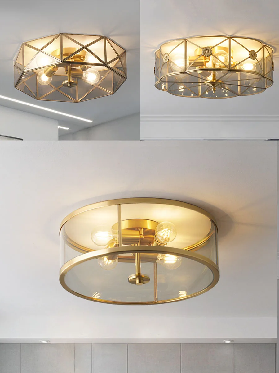 

3 Models Copper Luxury Led Ceiling Lights Simple Round Ceiling Lamp Modern atmospheric Gray Glass lampshade Home Lighting