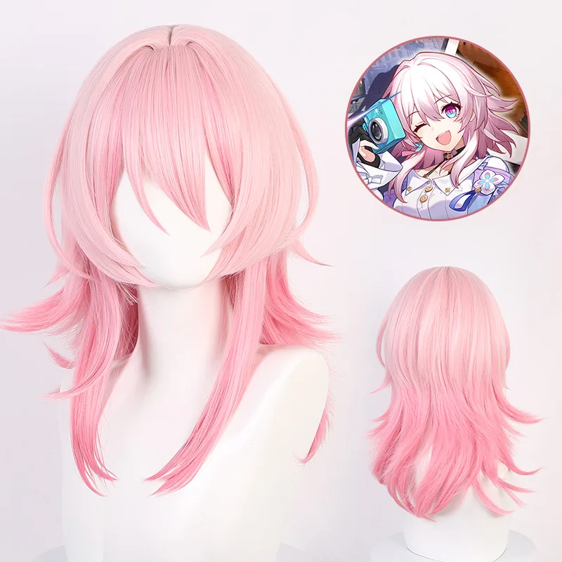 

Honkai Star Rail March 7th Cosplay Wig 50cm Pink Gradient Heat Resistant Synthetic Hair Game Anime Cosplay Wigs + Wig Cap