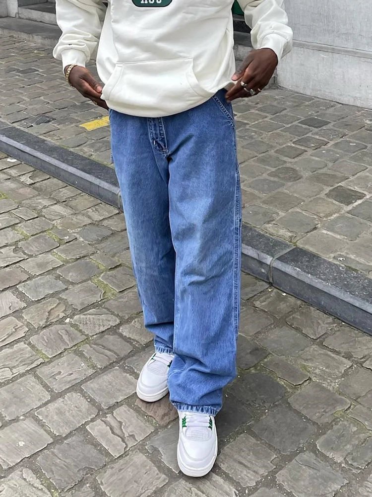Hot Sale Quality Baggy Denim Cargo Pants Men Boyfriend Pantalon Homme Y2k Fashion Blue Loose Fitted Side Pockets Patchwork Jeans