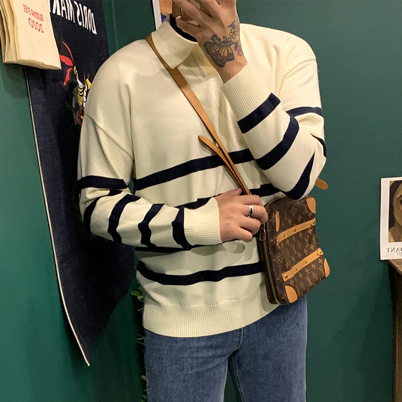 

2022 Autumn Winter Men New Fashion Striped Knitted Jumpers Male Casual Lapel Pullover Tops Men Long Sleeve Sweater Tops C290