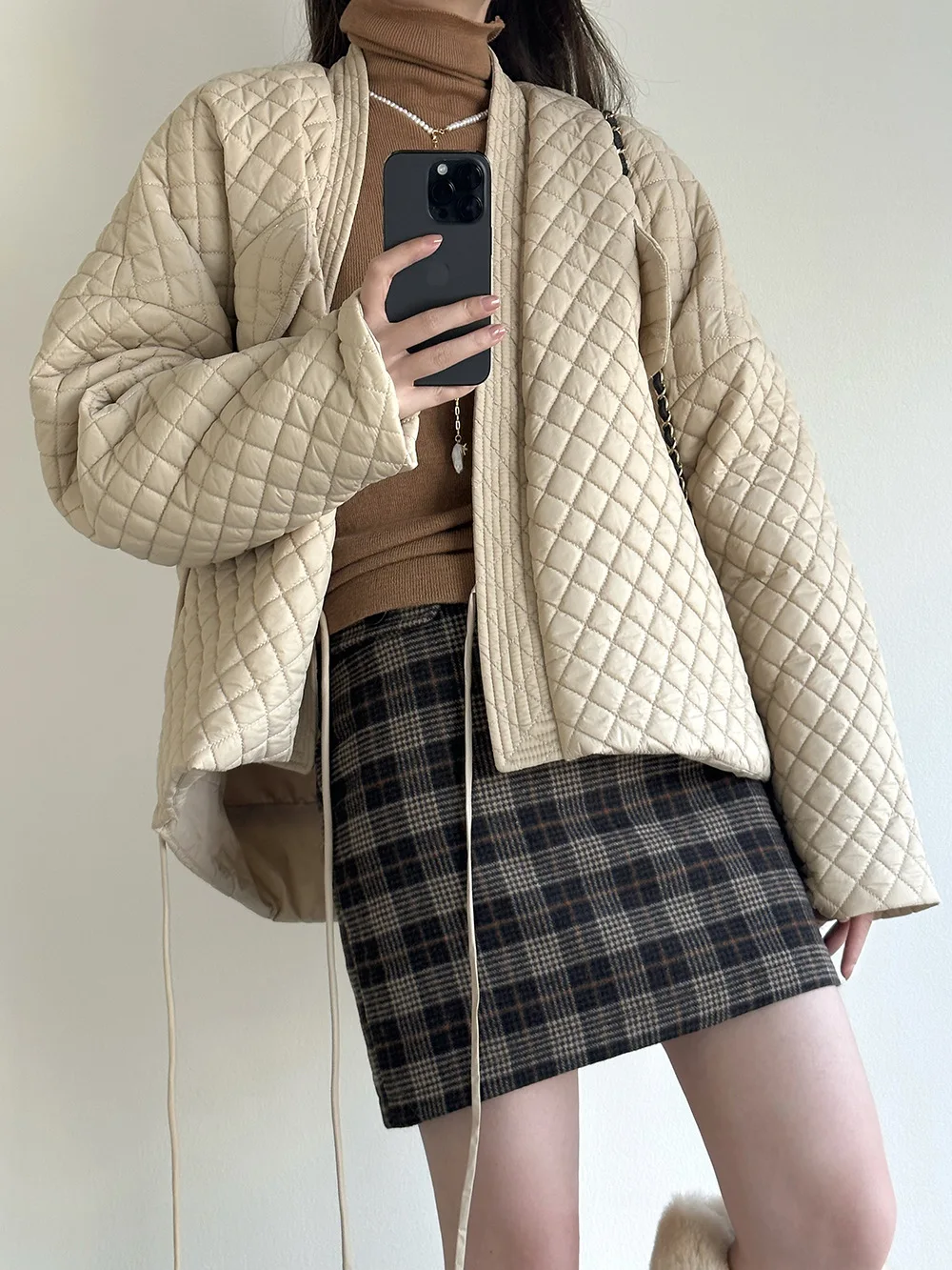 Plaid Slant Lapel Cotton Jacket Female 2022 Winter New Korean Version of Loose Casual Short Paragraph Cotton Jacket