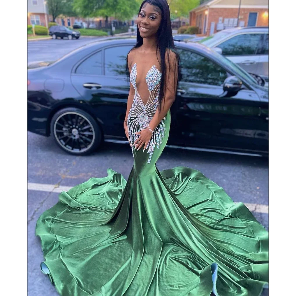 

Новинка, роскошные зеленые платья для выпускного вечера, модель 2022 года, для черных девушек, украшенные бисером, платье с юбкой-годе, блестящ...