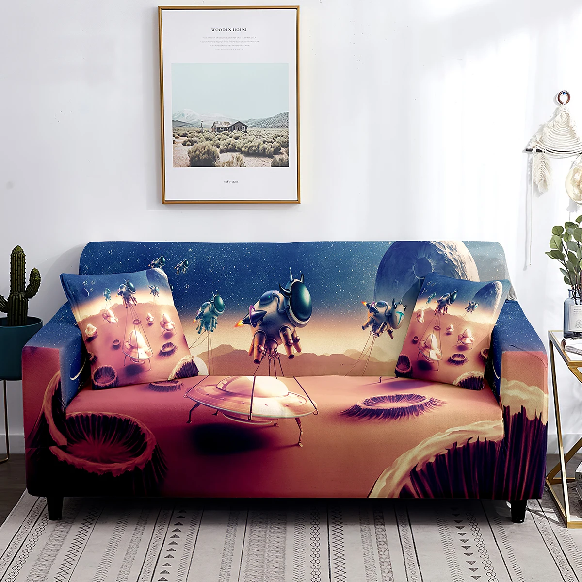 

Outer Space Sofa Cover UFO on The Moon Fantasy Print Stretch Couch Cover Non Slip Washable Furniture Protector From Dust Stain