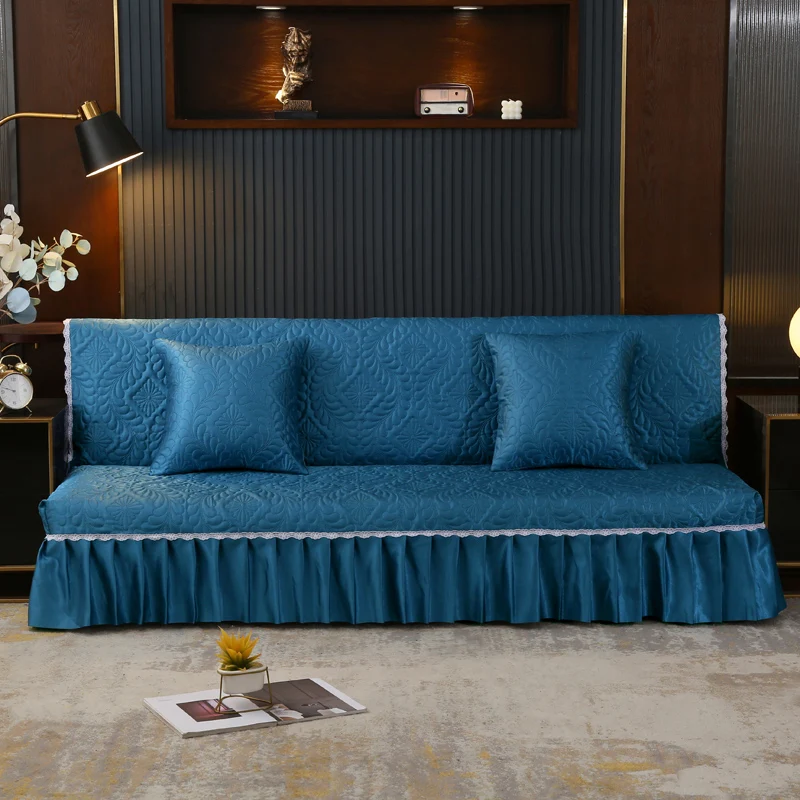 

Solid Summer Ice Silk Carving Sofa Cover Pleated Armless Sofa Caver Cotton Padded Slipcovers 30cm Flouncing Purple Green Pink