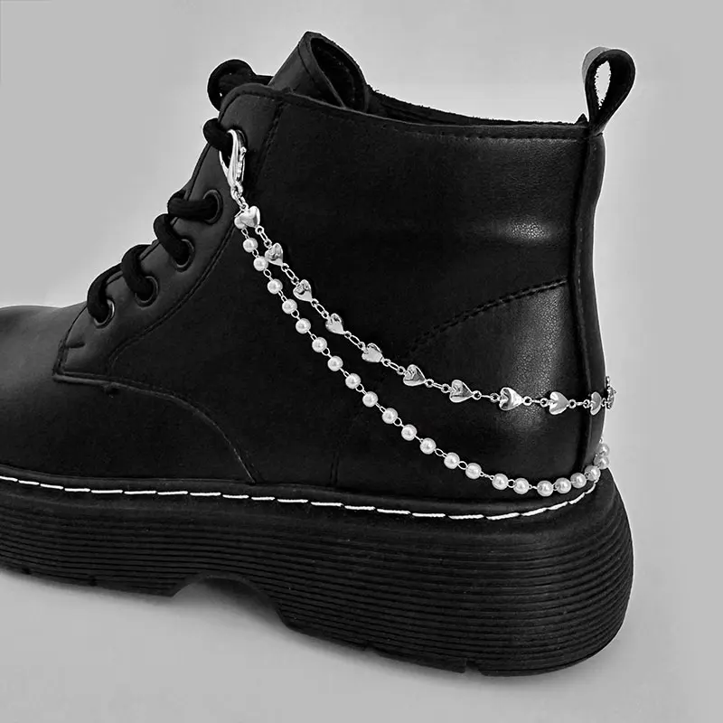 

2PCS Double Layer Punk Heart Pearls Chains Shoe Buckles Vintage Martin Boots Canvas Shoes Accessories New Designs Jewelry Gifts