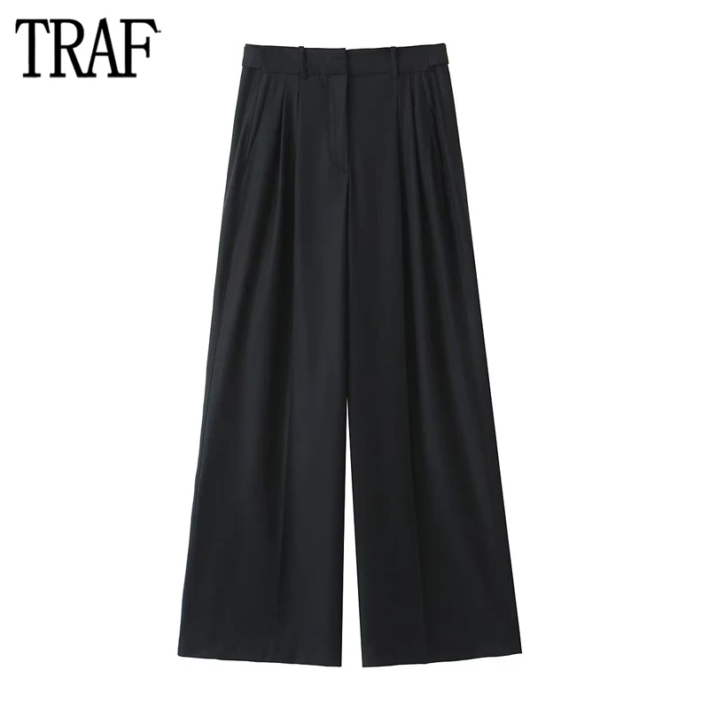 

TRAF 2023 Wide Leg Pants for Women Minimalist Pleated Trousers Womens Black Mid Rise Baggy Pants Woman Fall Casual Women's Pants