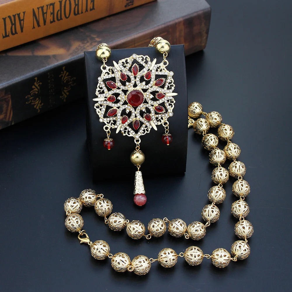 

Sunspicems Gold Color Morocco Necklace Women Long Metal Ball Caftan Chain Arab Bride Wedding Jewelry Sunflower Pendant Necklace