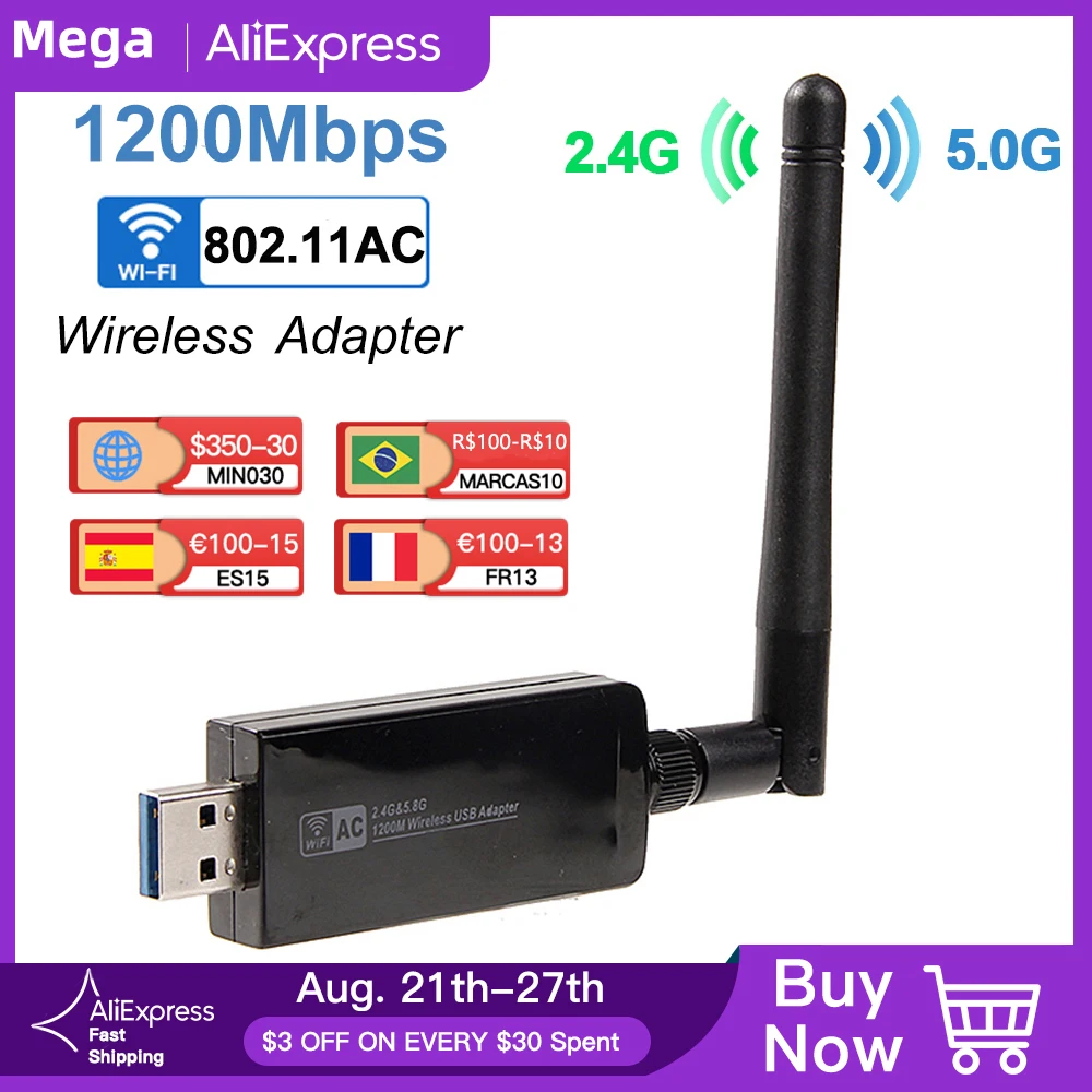 

Wireless AC1200 Dual Band 1200Mbps USB Wifi Adapter Dongle RTL8812AU 802.11ac Wi-fi USB 3.0 Antenna Card For Desktop PC Laptop