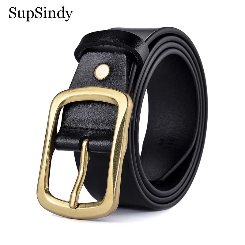 SupSindy Men Genuine Leather Belt Luxury Gold Metal Pin Buckle Cowhide Leather Belts for Men Jeans Waistband Casual Male Strap